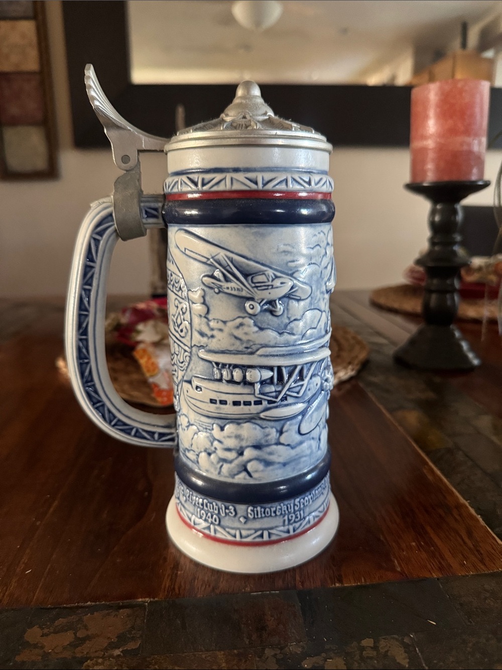 Avon Blue, White and Red Ceramic Aviation Stein with Hinged Pewter Lid